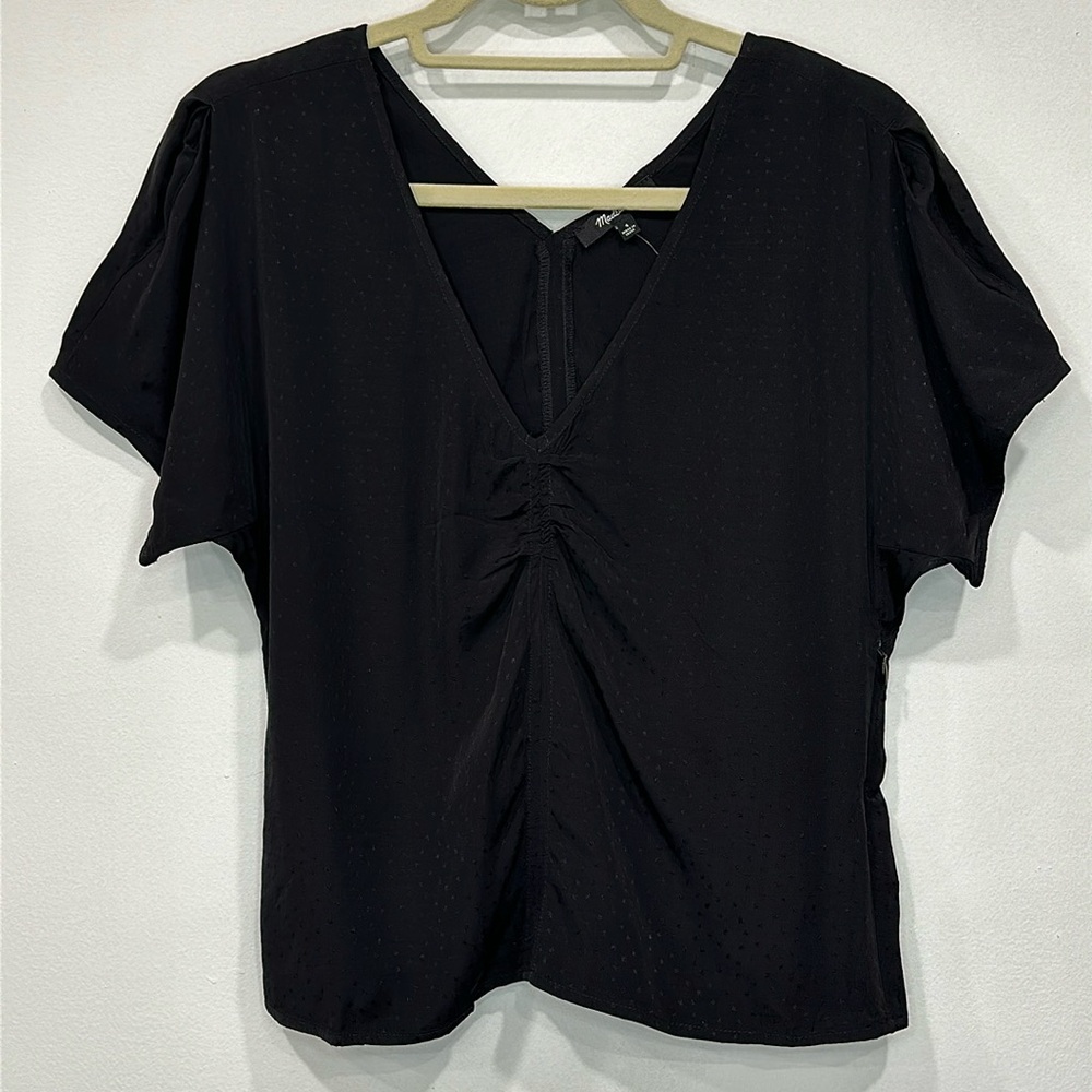 MADEWELL Ruth Floral Jacquard V NECK TOP Size 4 BLACK Side Zip Puff Sleeves NEW